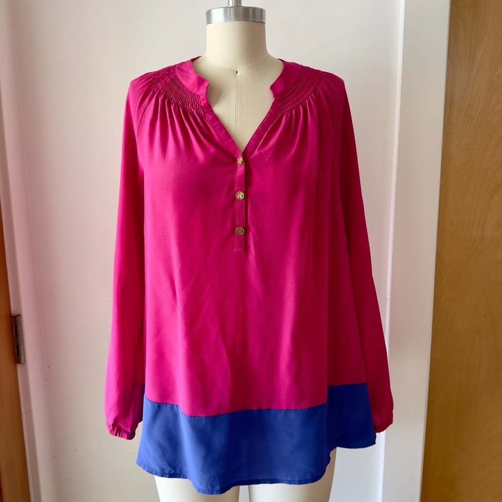 Lilly Pulitzer Elsa Long Sleeve Flowy Top-100% Silk-Pink Blue Colorblock Shirt-S